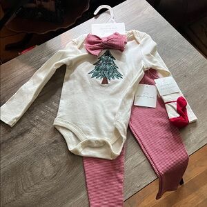 Starting Out Cream and Pink Holiday Tree Bodysuit Set